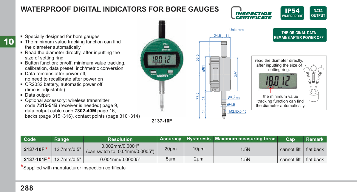 INSIZE Waterproof Digital Indicators For Bore Gauges (2137-10F)