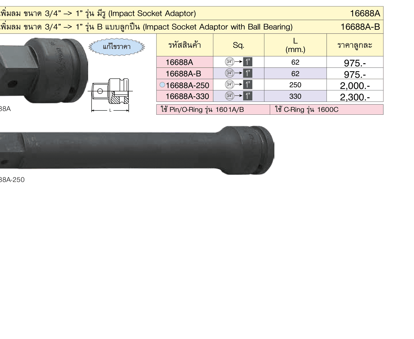 ข้อเพิ่มลม ขนาด 3/4” --> 1” รุ่น มีรู (Impact Socket Adaptor)