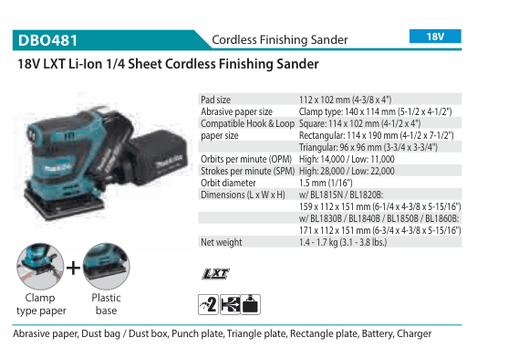 เครื่องขัดกระดาษทรายไร้สาย Makita DBO481
