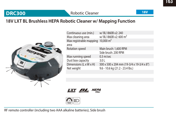 หุ่นยนต์ดูดฝุ่นไร้สาย Makita DRC300 18V