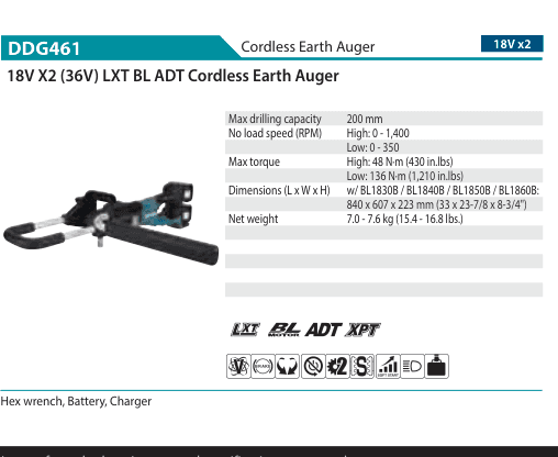 เครื่องขุดเจาะดินไร้สาย Makita DDG461