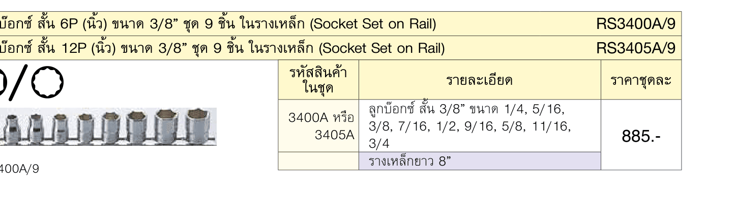 ลูกบ๊อกซ์ สั้น 6P (นิ้ว) ขนาด 3/8” ชุด 9 ชิ้น ในรางเหล็ก (Socket Set on Rail)