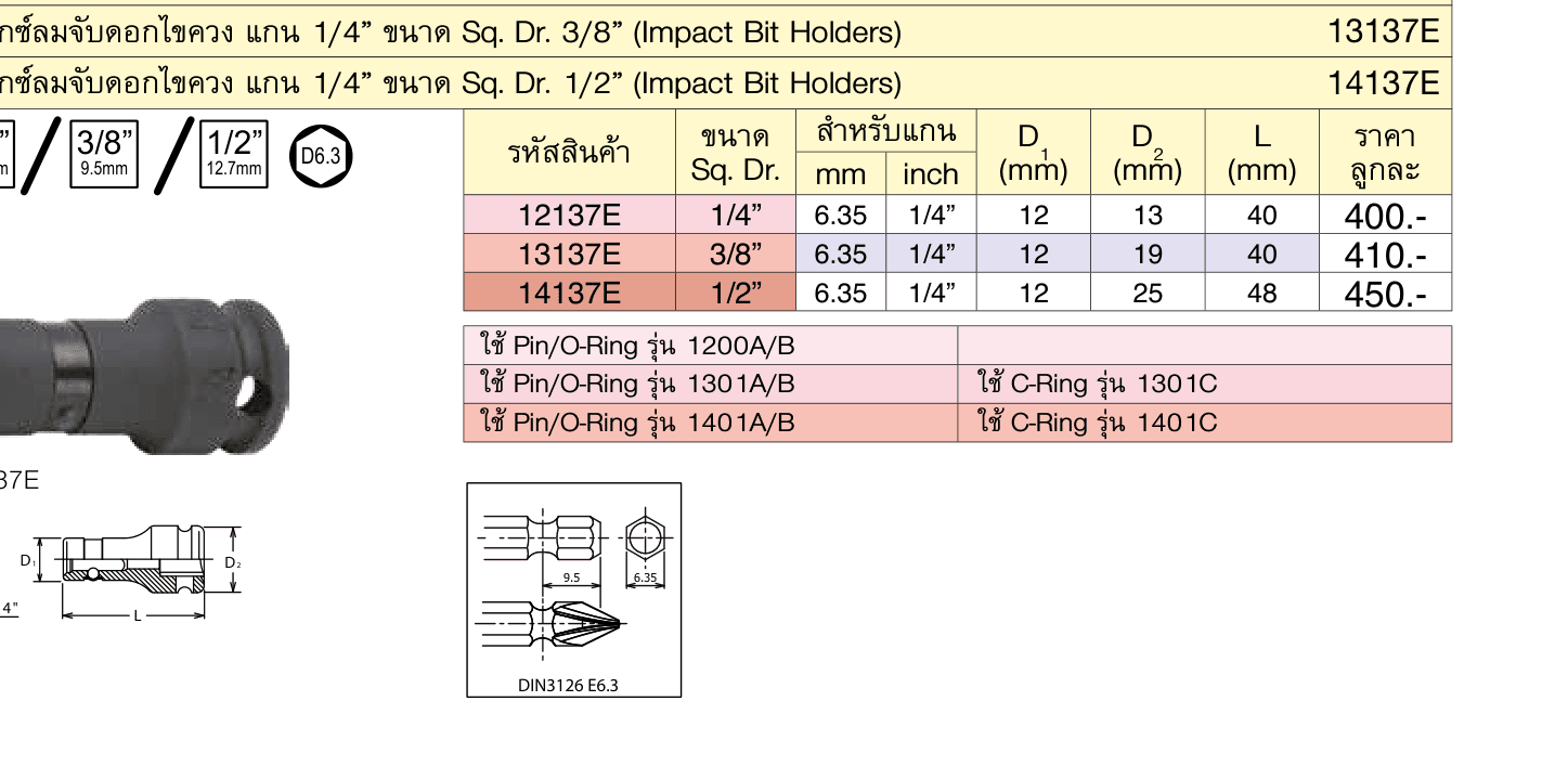 บ๊อกซ์ลมจับดอกไขควง แกน 1/4” ขนาด Sq. Dr. 3/8” (Impact Bit Holders)