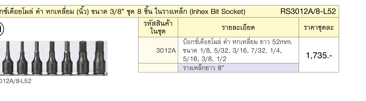บ๊อกซ์เดือยโผล่ ดำ� หกเหลี่ยม (นิ้ว) ขนาด 3/8” ชุด 8 ชิ้น ในรางเหล็ก (Inhex Bit Socket)