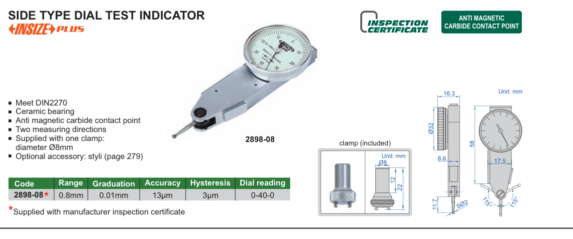 INSIZE Side Type Dial Test Indicator (2898-08)