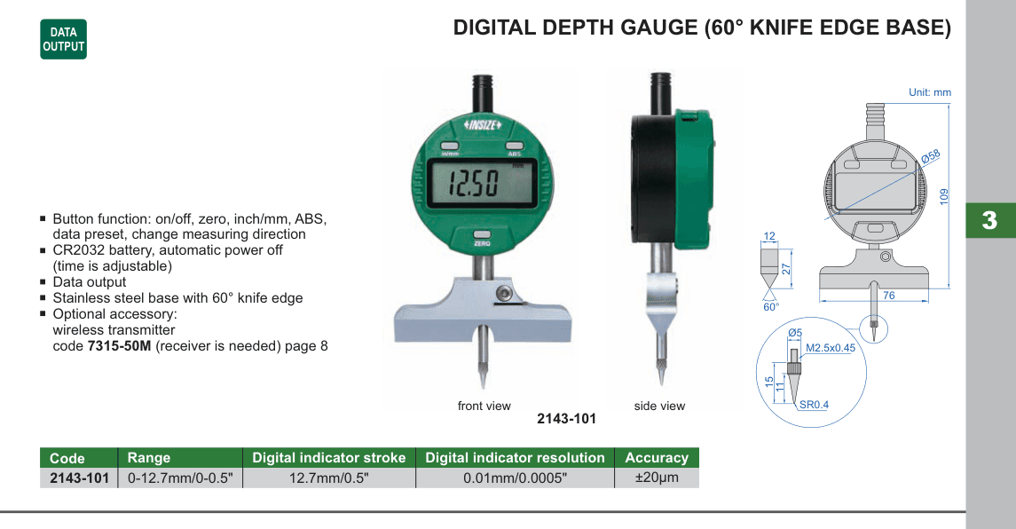 INSIZE Digital Depth Gauge (60° Knife Edge Base) (2143-101)