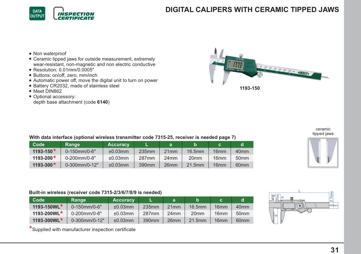 INSIZE Digital Calipers With Ceramic Tipped Jaws (1193-150)