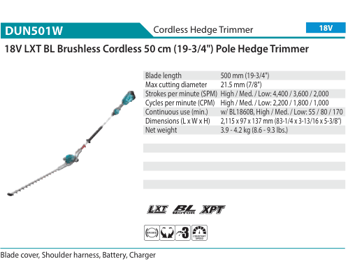 เครื่องเล็มพุ่มไร้สาย Makita DUN501W