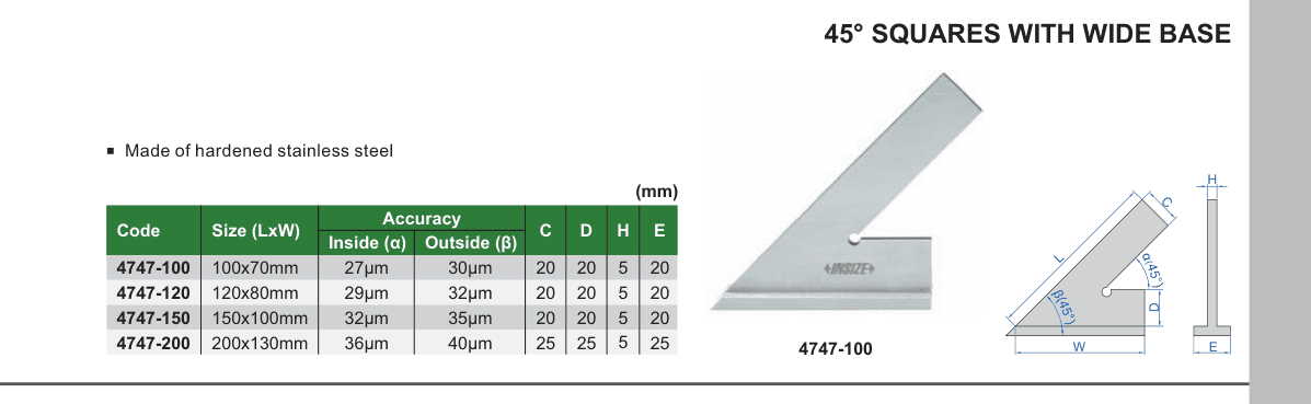 INSIZE 45° Squares With Wide Base (4747-100)
