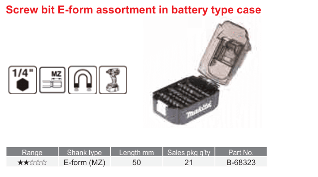 อุปกรณ์เสริม Makita — Screw bit E-form assortment in battery type case