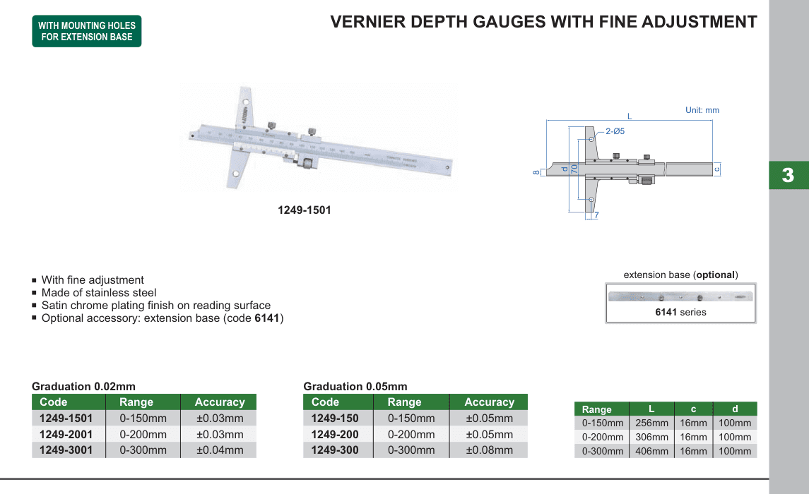 INSIZE Vernier Depth Gauges With Fine Adjustment (1249-1501)