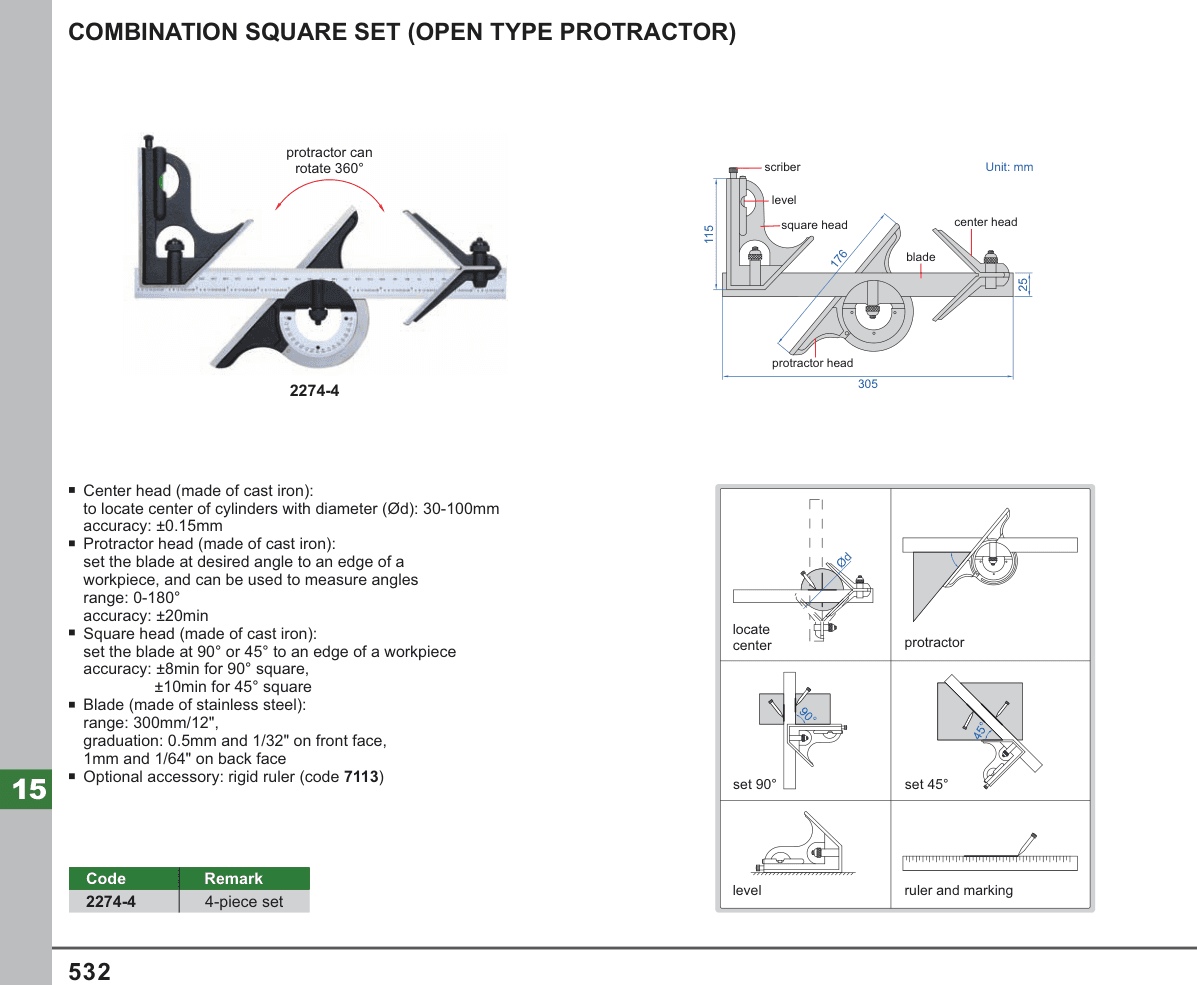 INSIZE Combination Square Set (Open Type Protractor) (2274-4)
