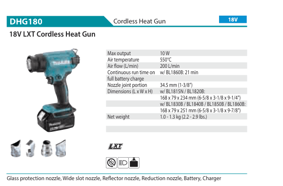 ปืนเป่าลมร้อนไร้สาย Makita DHG180