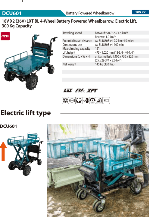 รถเข็นไฟฟ้าแบตเตอรี่ Makita DCU601