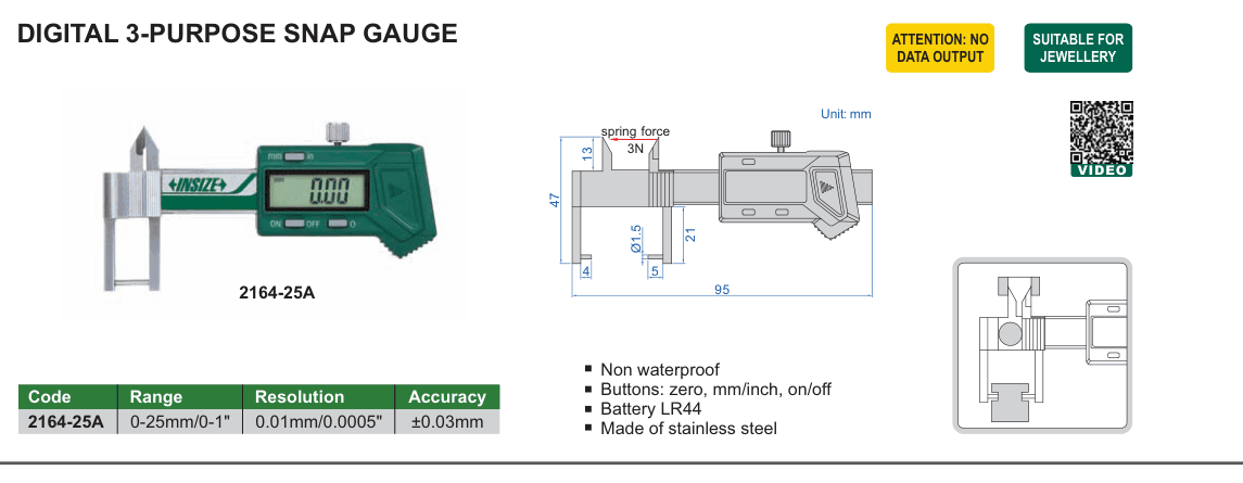 INSIZE Digital 3-Purpose Snap Gauge (2164-25A)