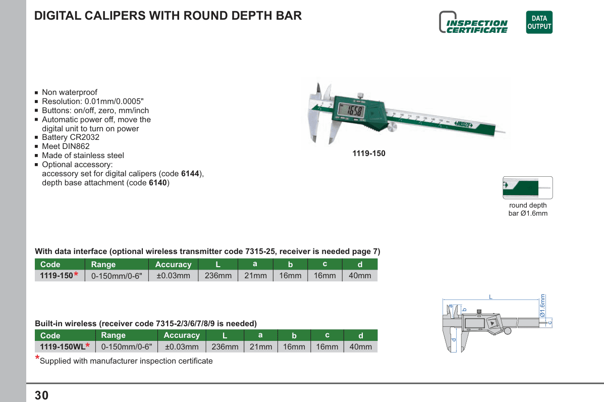 INSIZE Digital Calipers With Round Depth Bar (1119-150)