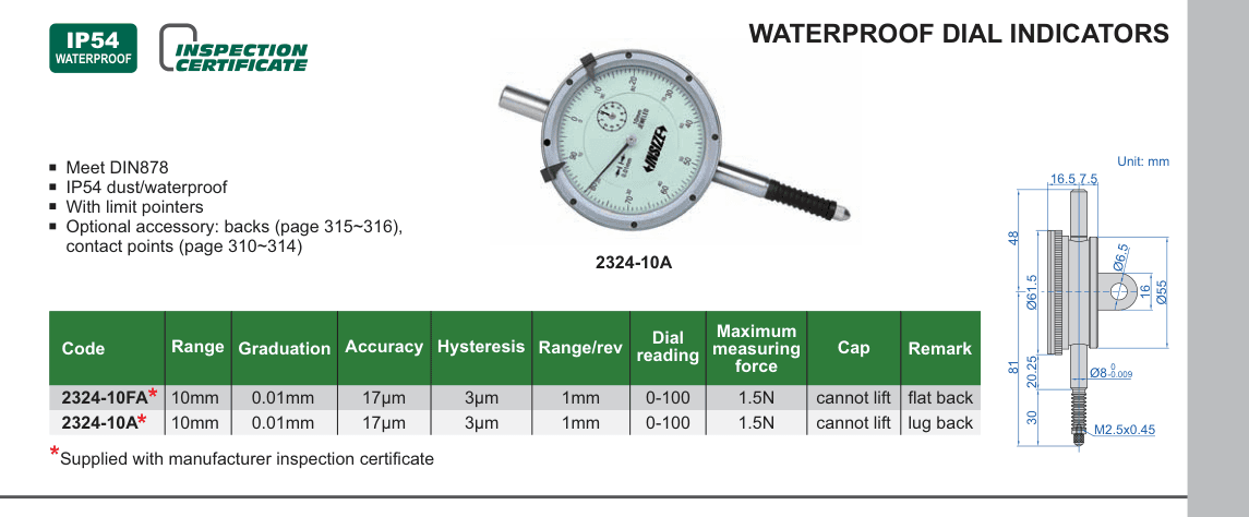 INSIZE Waterproof Dial Indicators (2324-10A)
