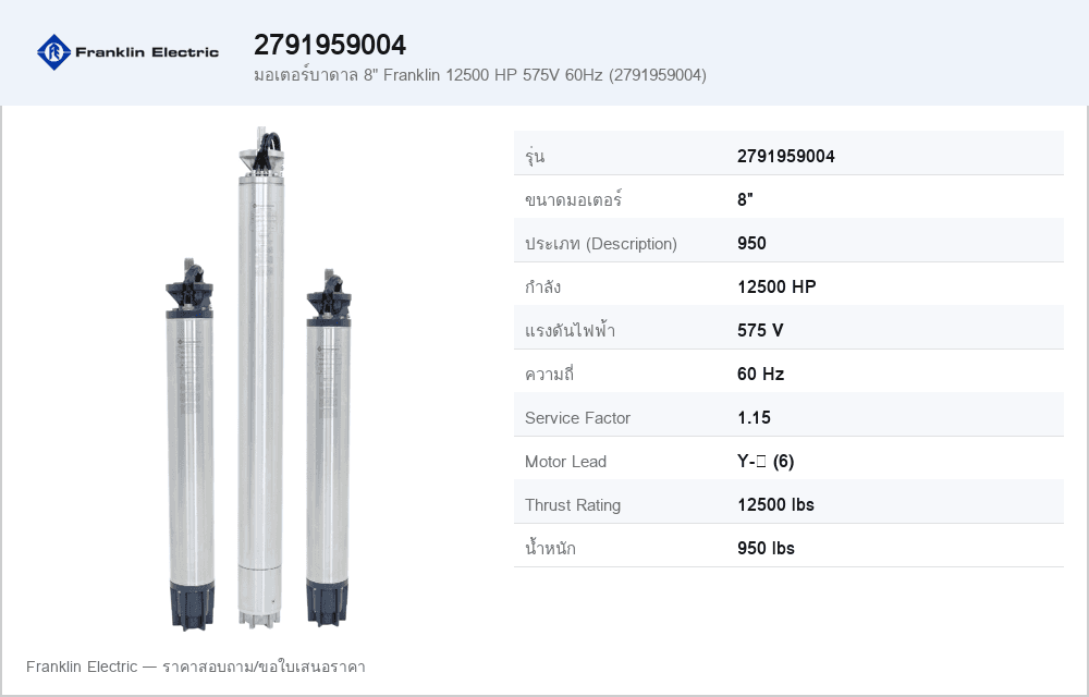 มอเตอร์บาดาล 8" Franklin 12500 HP 575V 60Hz (2791959004)