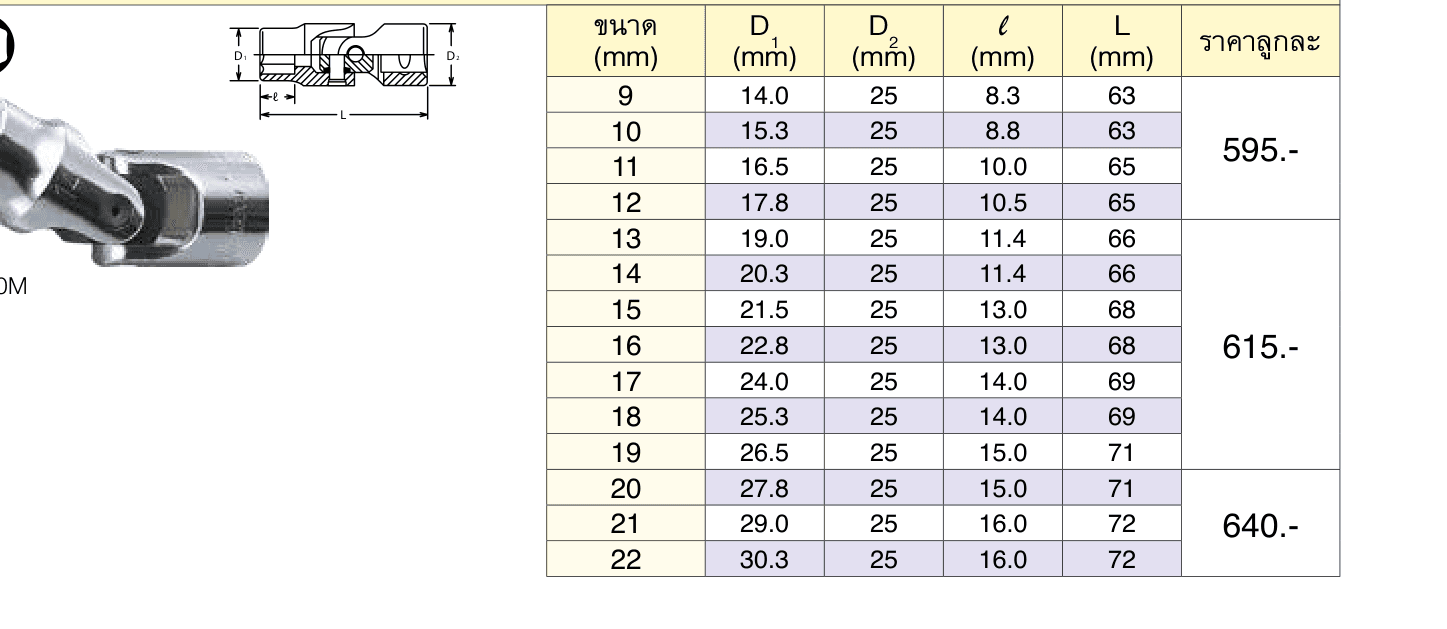 ลูกบ๊อกซ์ ข้ออ่อน 6P (มิล) ขนาด 1/2” (Universal Sockets)