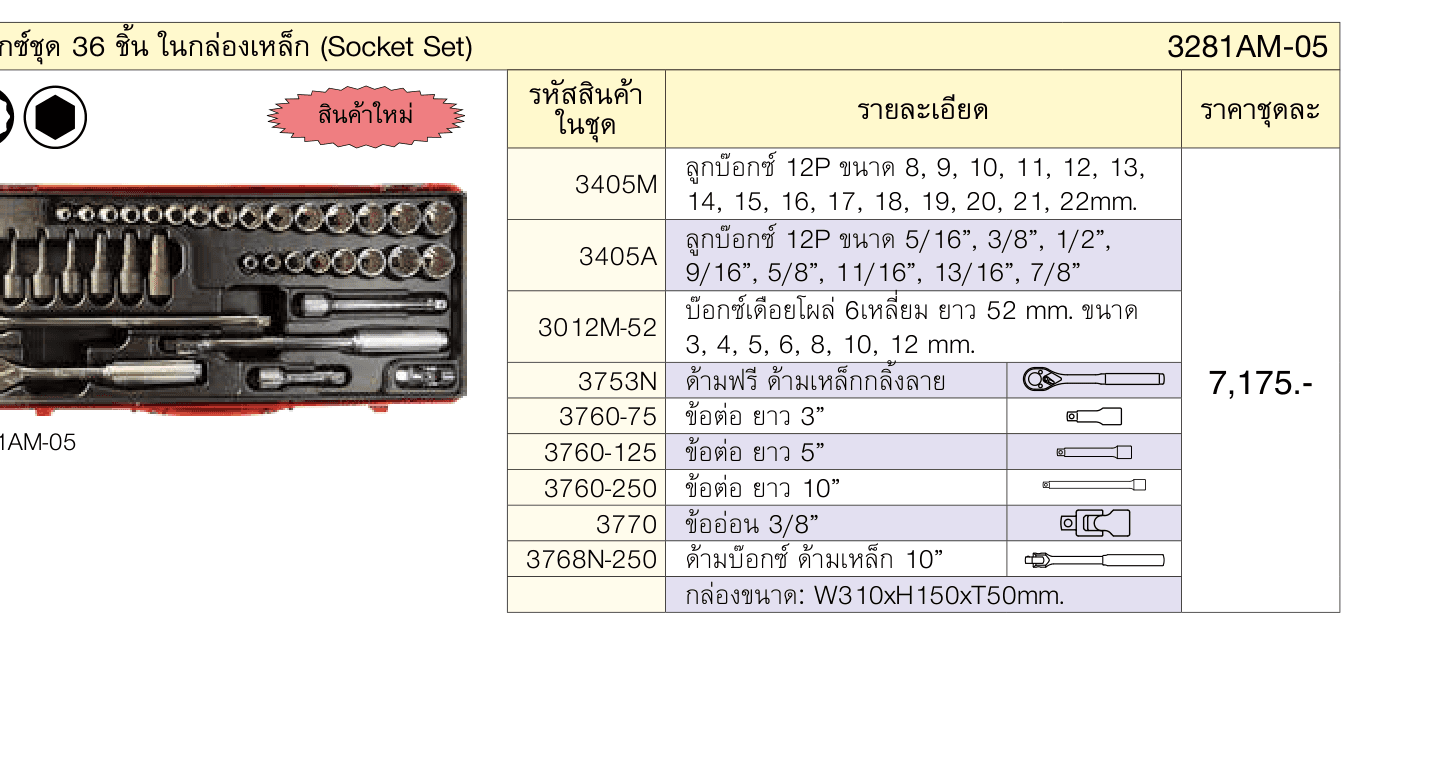 บ๊อกซ์ชุด 36 ชิ้น ในกล่องเหล็ก (Socket Set)
