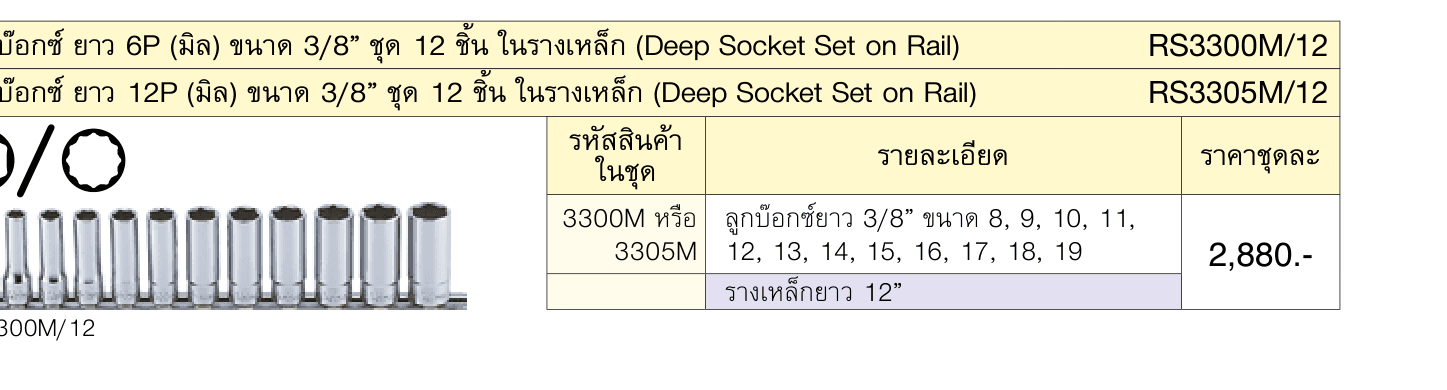 ลูกบ๊อกซ์ ยาว 12P (มิล) ขนาด 3/8” ชุด 12 ชิ้น ในรางเหล็ก (Deep Socket Set on Rail)