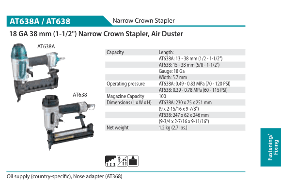 Narrow Crown Stapler Makita AT638A