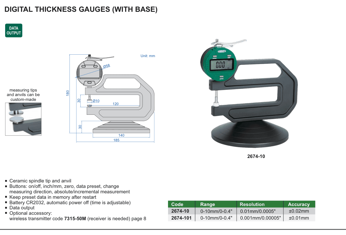 INSIZE Digital Thickness Gauges (With Base) (2674-10)