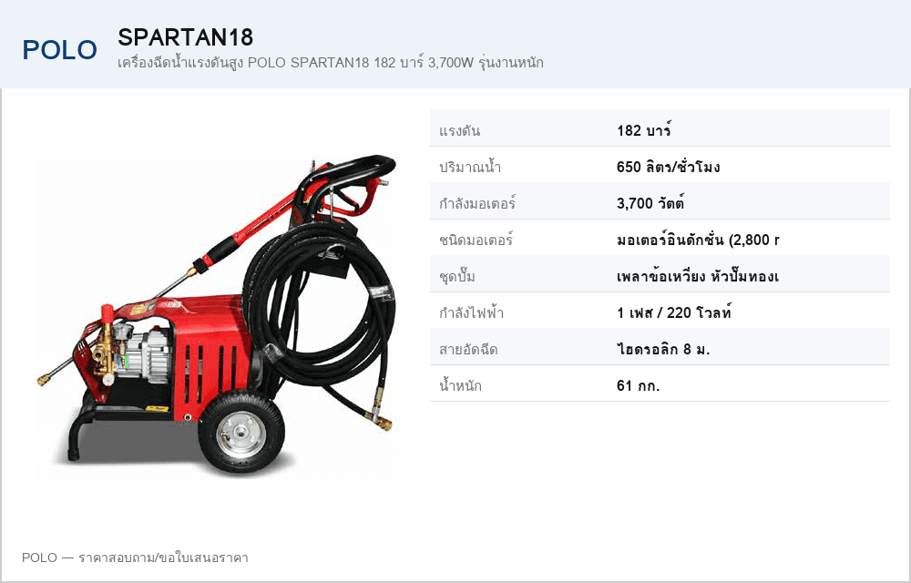 เครื่องฉีดน้ำแรงดันสูง POLO SPARTAN18 182 บาร์ 3,700W รุ่นงานหนัก