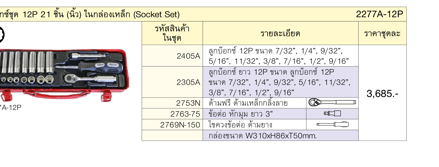 บ๊อกซ์ชุด 12P 21 ชิ้น (นิ้ว) ในกล่องเหล็ก (Socket Set)