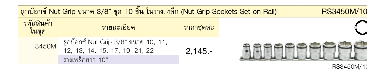 ลูกบ๊อกซ์ Nut Grip ขนาด 3/8” ชุด 10 ชิ้น ในรางเหล็ก (Nut Grip Sockets Set on Rail)