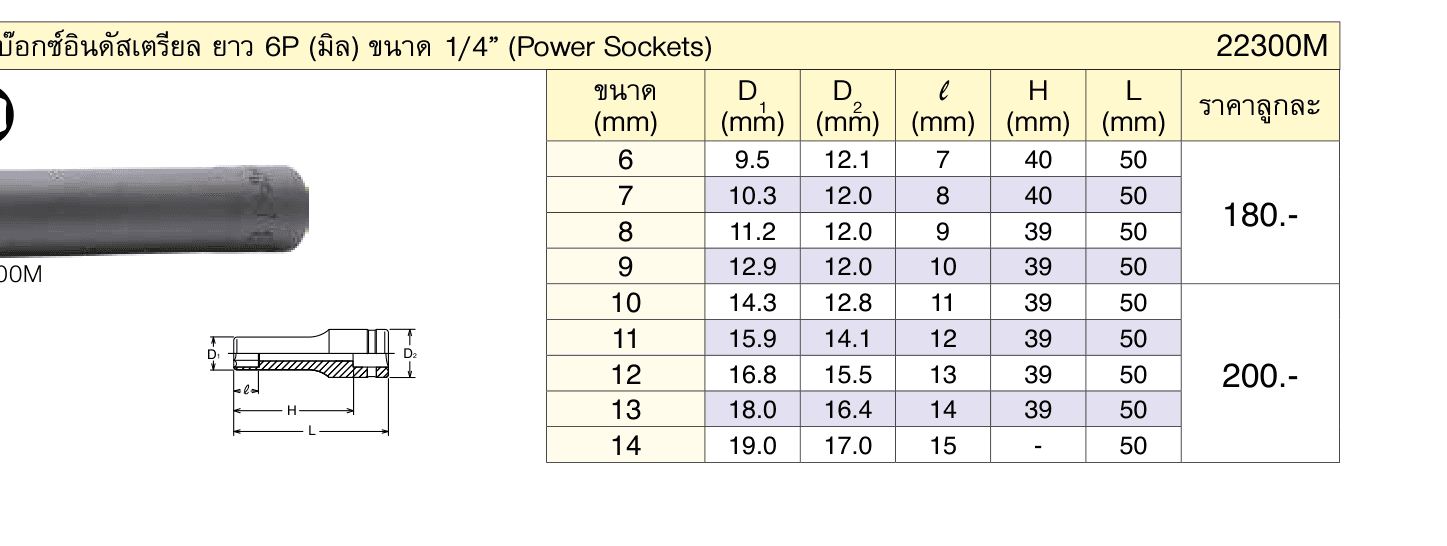 ลูกบ๊อกซ์อินดัสเตรียล ยาว 6P (มิล) ขนาด 1/4” (Power Sockets)