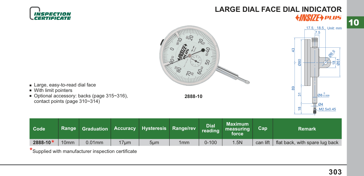 INSIZE Large Dial Face Dial Indicator (2888-10)