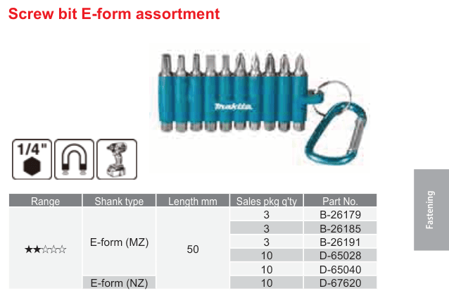 อุปกรณ์เสริม Makita — Screw bit E-form assortment