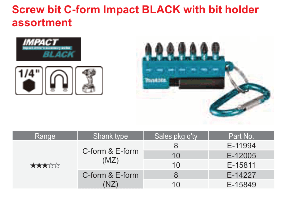 อุปกรณ์เสริม Makita — Screw bit C-form Impact BLACK with bit holder assortment