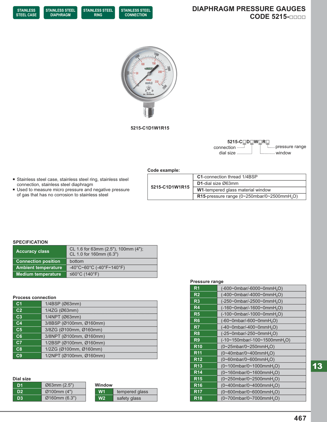 INSIZE Diaphragm Pressure Gauges□□□□ (5215-C)