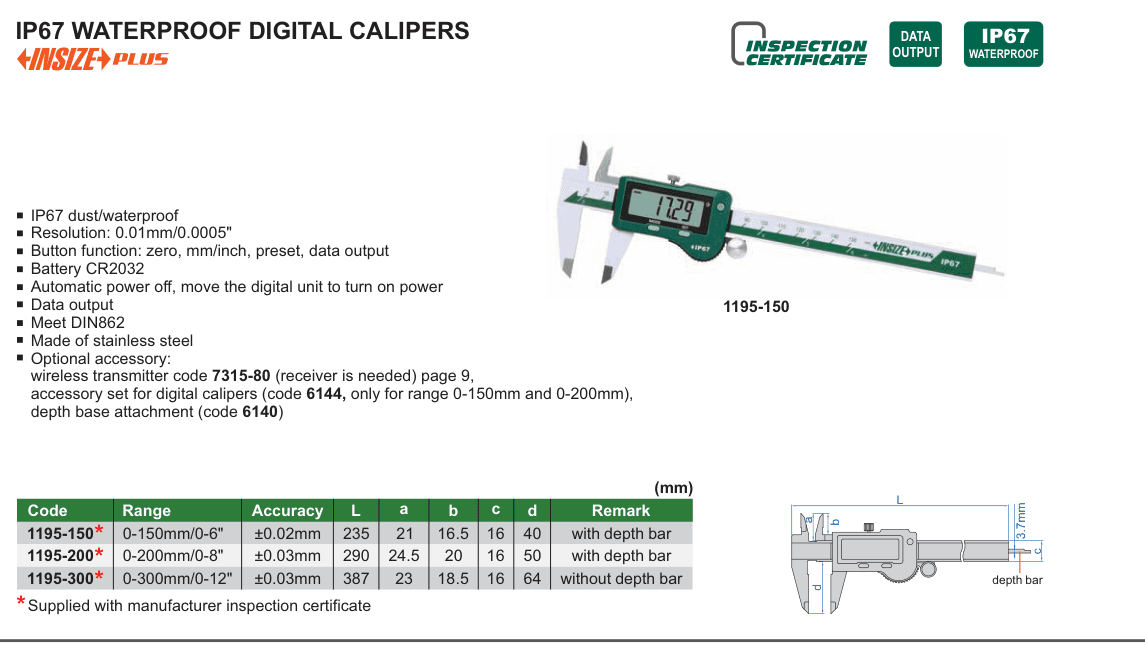 INSIZE Ip67 Waterproof Digital Calipers (1195-150)