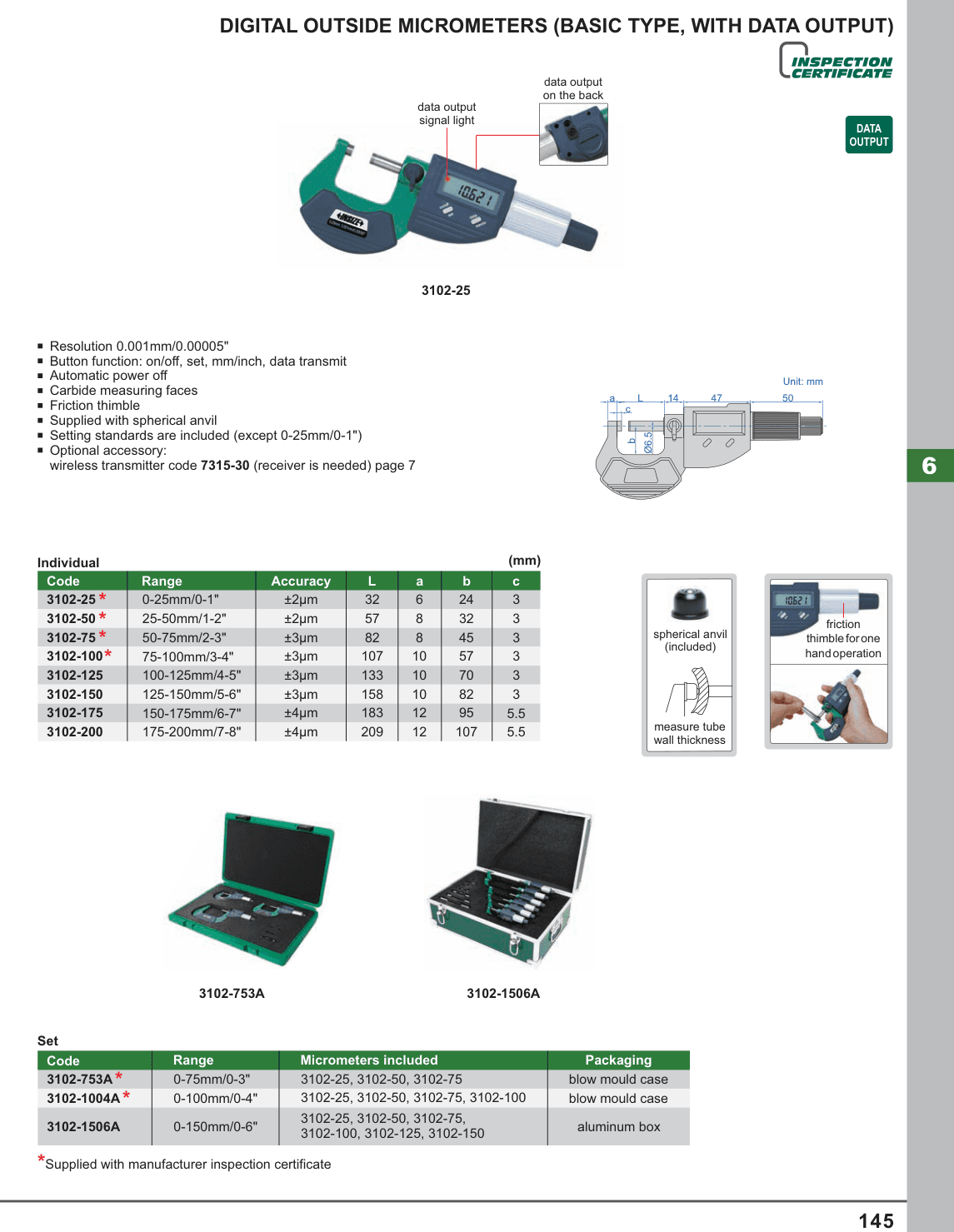 INSIZE Digital Outside Micrometers (Basic Type, With Data Output) (3102-25)