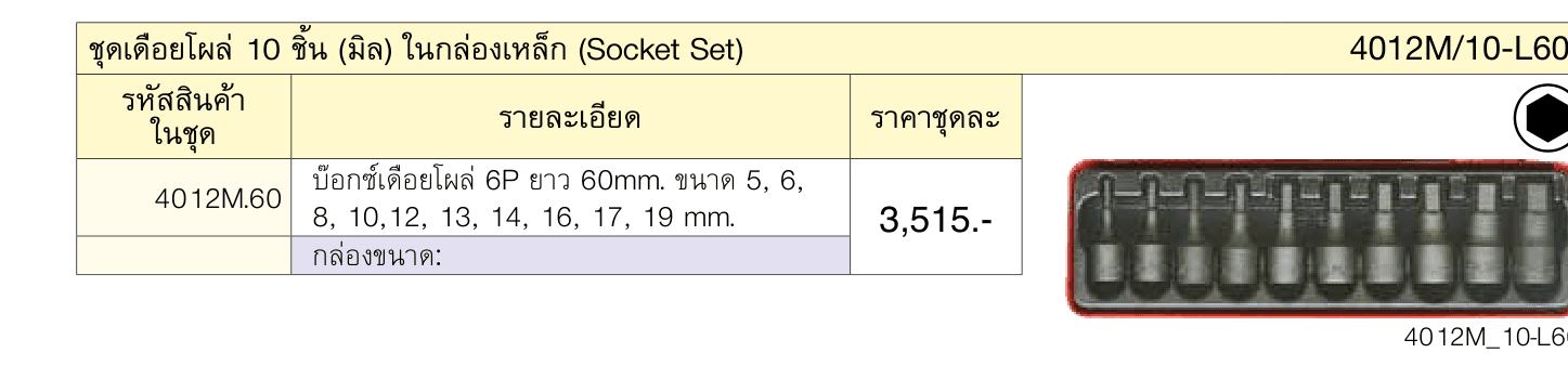 ชุดเดือยโผล่ 10 ชิ้น (มิล) ในกล่องเหล็ก (Socket Set)