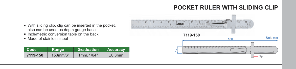 INSIZE Pocket Ruler With Sliding Clip (7119-150)