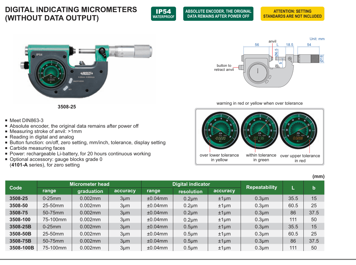 INSIZE Digital Indicating Micrometers (Without Data Output) (3508-25)