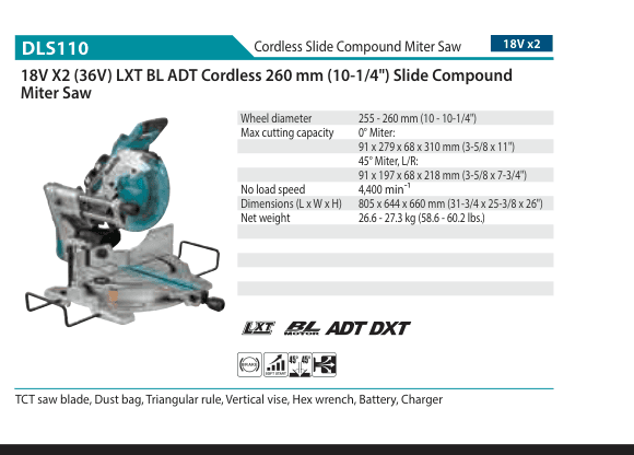 เลื่อยองศาสไลด์ไร้สาย Makita DLS110