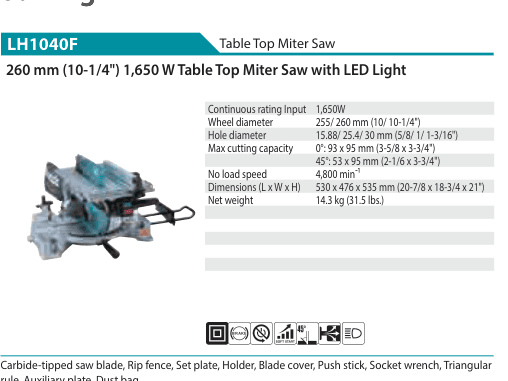 เลื่อยองศาตั้งโต๊ะ Makita LH1040F