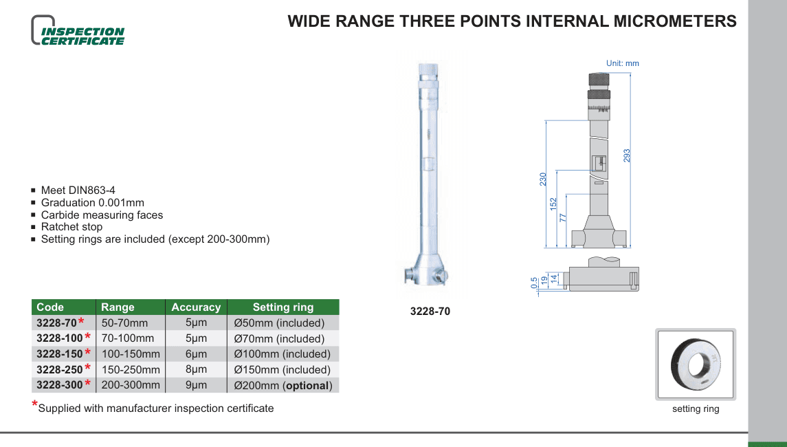 INSIZE Wide Range Three Points Internal Micrometers (3228-70)