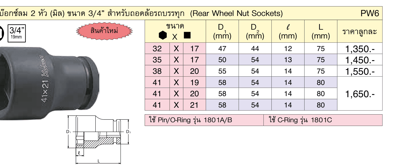ลูกบ๊อกซ์ลม 2 หัว (มิล) ขนาด 3/4” สำ�หรับถอดล้อรถบรรทุก (Rear Wheel Nut Sockets)