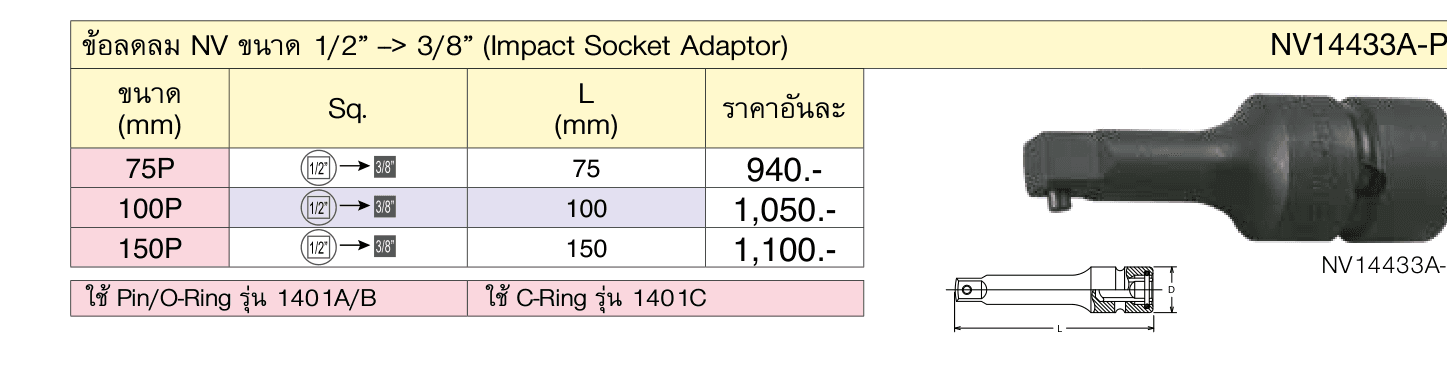 ข้อลดลม NV ขนาด 1/2” --> 3/8” (Impact Socket Adaptor)