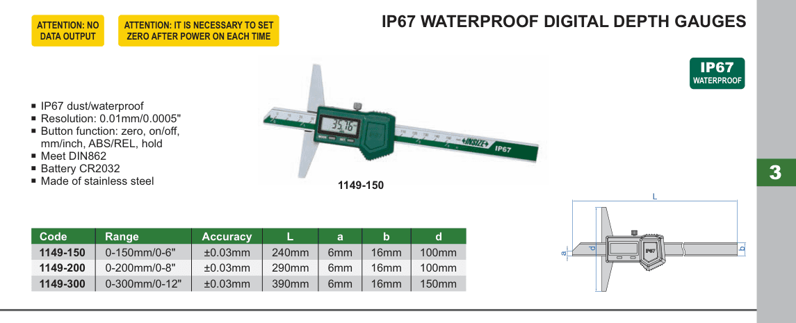 INSIZE Ip67 Waterproof Digital Depth Gauges (1149-150)
