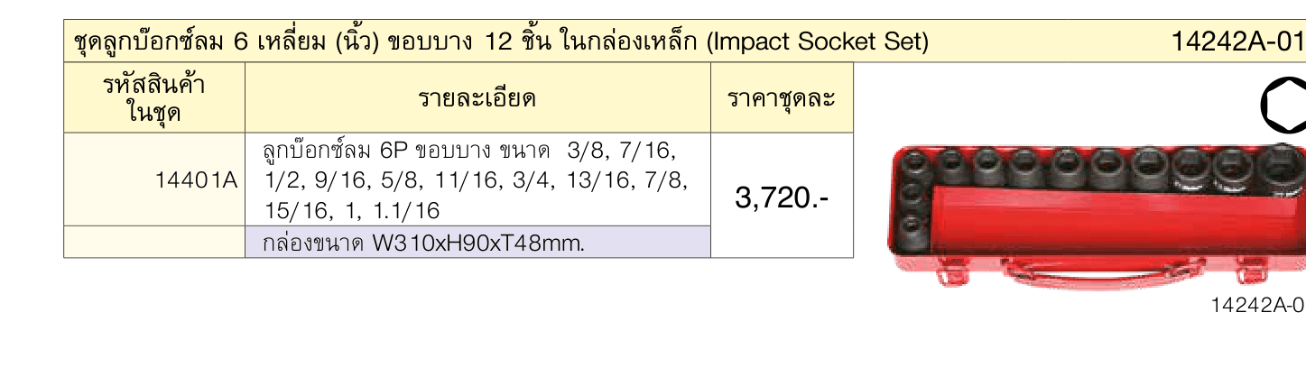 ชุดลูกบ๊อกซ์ลม 6 เหลี่ยม (นิ้ว) ขอบบาง 12 ชิ้น ในกล่องเหล็ก (Impact Socket Set)