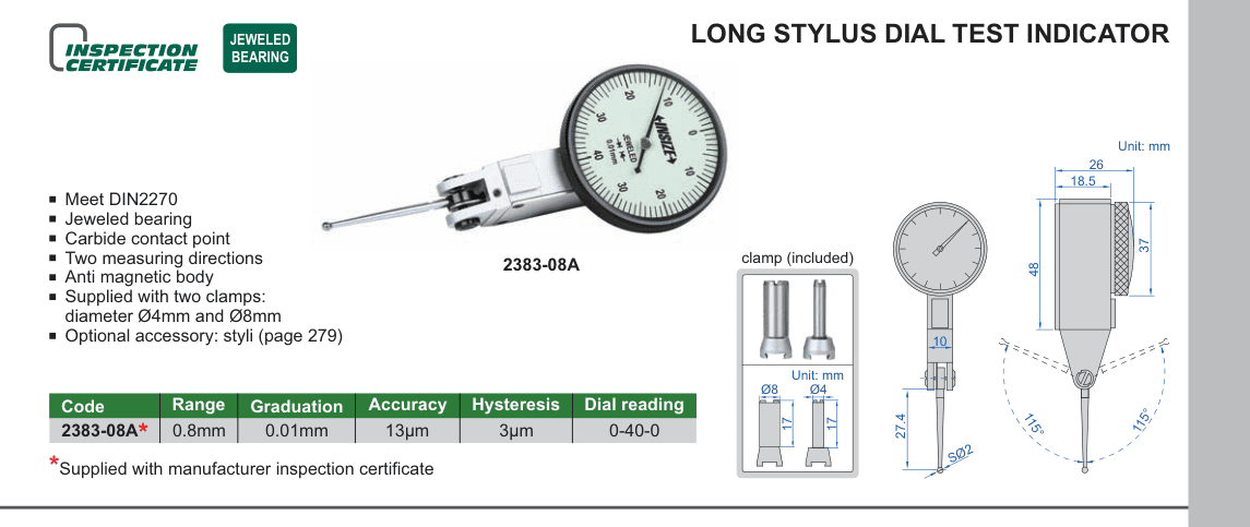 INSIZE Long Stylus Dial Test Indicator (2383-08A)