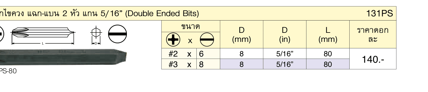 ดอกไขควง แฉก-แบน 2 หัว แกน 5/16” (Double Ended Bits)