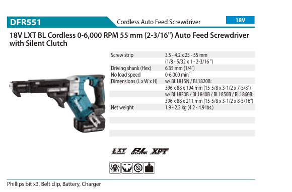 ไขควงป้อนสกรูอัตโนมัติไร้สาย Makita DFR551
